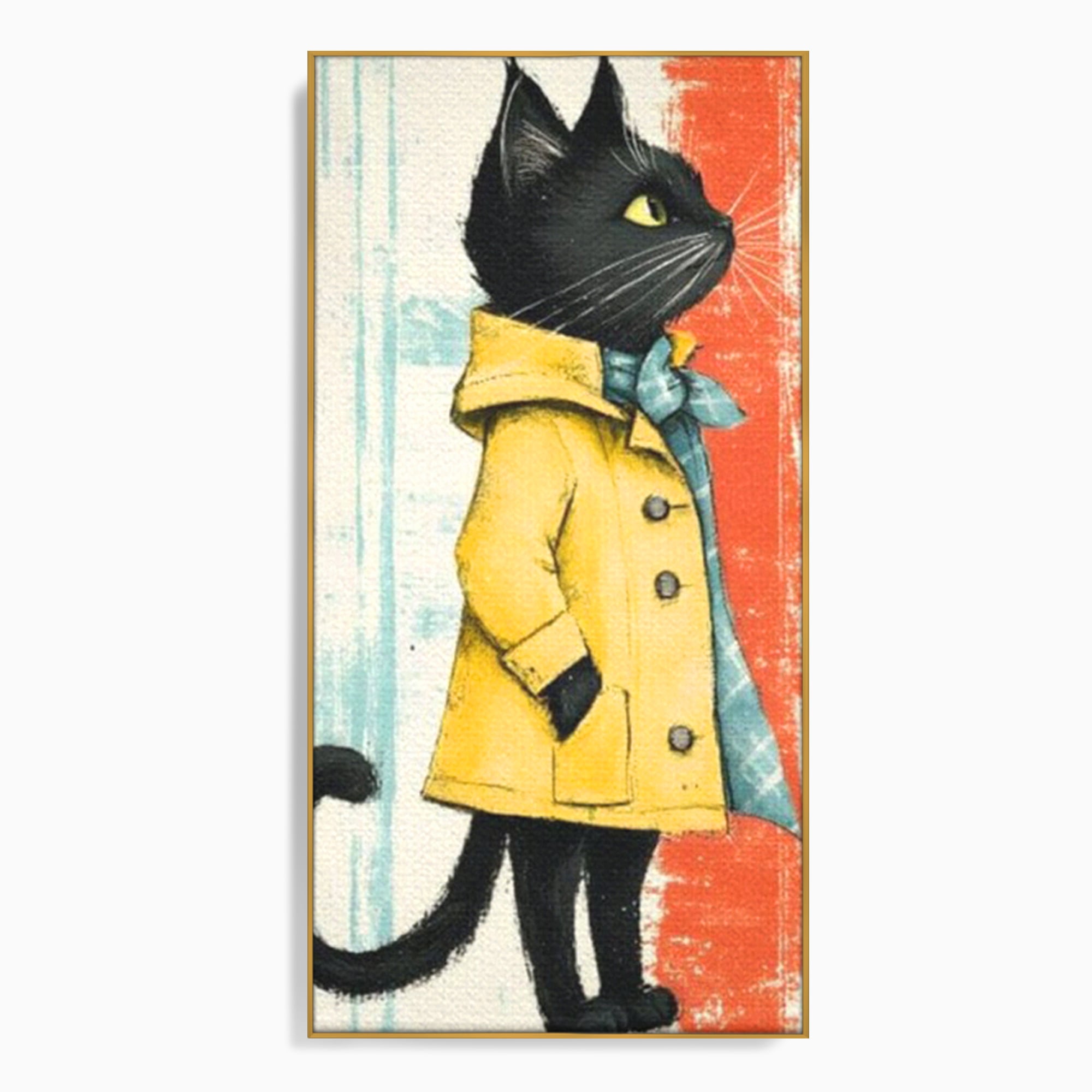 Tablou canvas cu ilustratie cu pisica in pelerina galben, in rama de aluminiu auriu